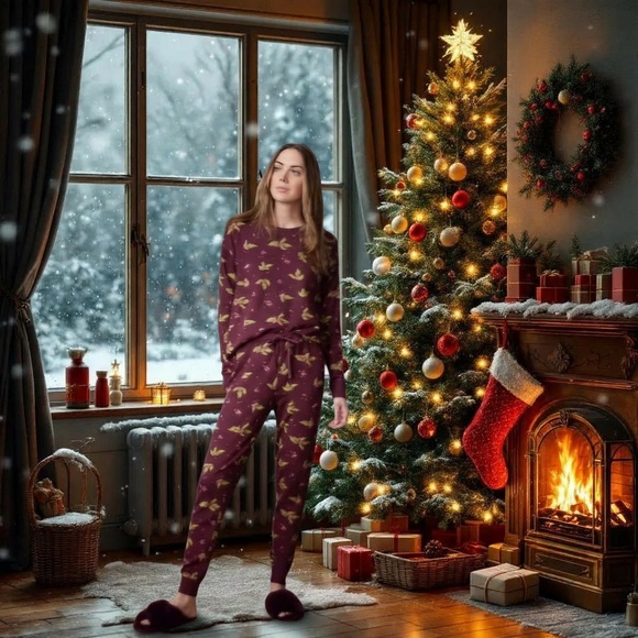 Lauren Conrad Holly Berry Christmas Pajama Set Burgundy Women’s Size XXL - Picture 3 of 15